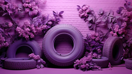 Tires and lilac flowers on a purple background. 3d renderingの素材