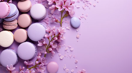 Colorful macaroons and lilac flowers on a pink backgroundの素材