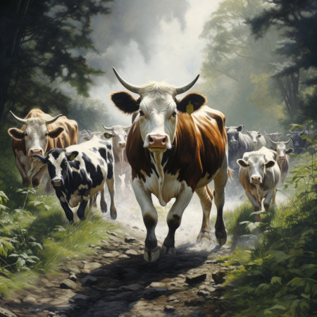 Herd of cows walking in the foggy forest. Digital painting.の素材