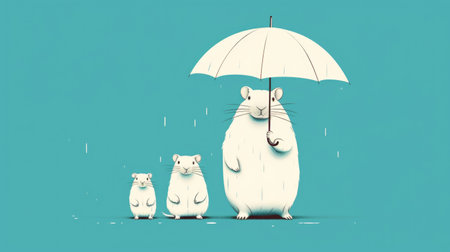 3D rendering of a group of rats with an umbrella on a blue backgroundの素材