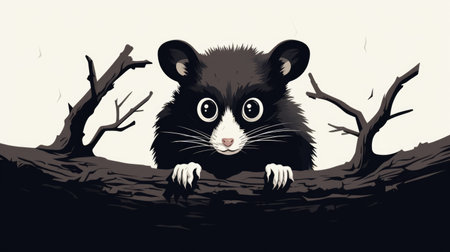Black rat on a tree in the forest. Vector illustration of animal.の素材