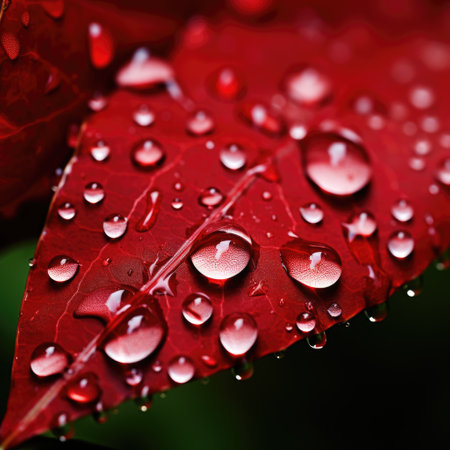 Water drops on red leaf after rain. Shallow depth of field.の素材