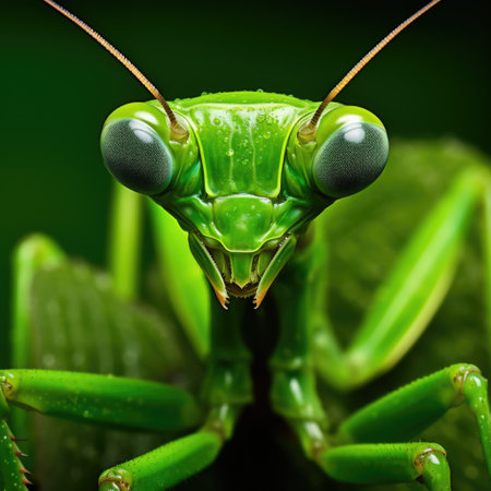 Portrait of a green grasshopper on a black background.の素材