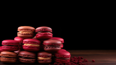 Tasty macaroons on a wooden table, black background.の素材