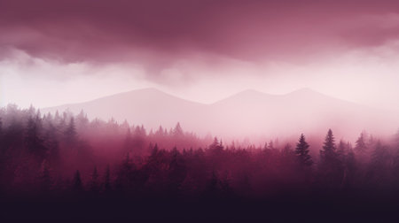 Foggy landscape with coniferous forest in the mountains.の素材