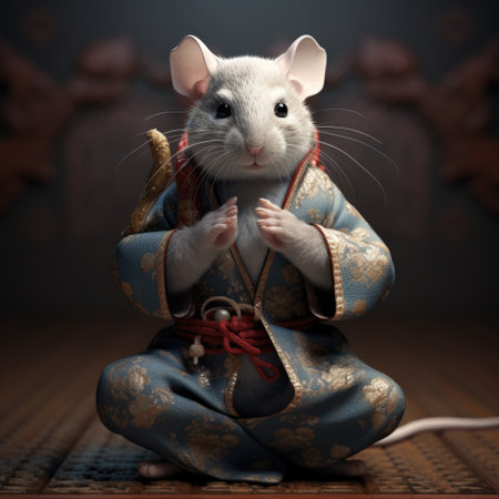 3D rendering of a cute Chinese mouse in a kimonoの素材