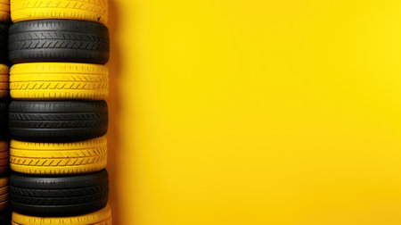 Tire stack on yellow background with copy space. 3d illustrationの素材