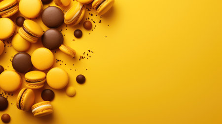 Colorful macaroons on yellow background with copy space. Top viewの素材