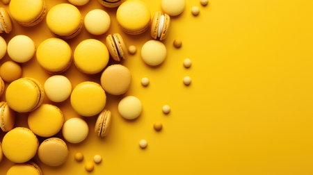 Yellow macarons on yellow background. Top view with copy spaceの素材