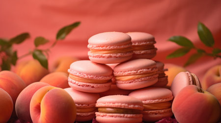 Macaroons and apricots on a pink background. Selective focus.の素材