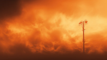 Lamp post with sunset sky background. 3d render illustration.の素材