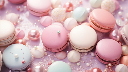 Macaroons in pastel colors on a pink background with pearlsの素材