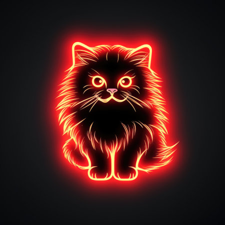 Cute cat in neon light on dark background. Vector illustration.の素材