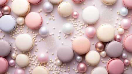 Colorful macaroons and pearls on a white background.の素材