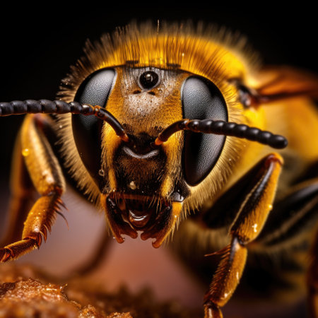 Macro shot of a honey bee on a honeycomb, isolated on black backgroundの素材