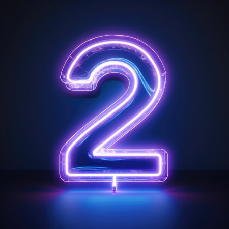 Glowing neon number 2, 3d render, dark blue backgroundの素材