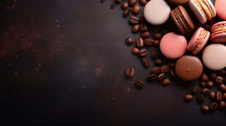 Colorful macaroons and coffee beans on dark background, top viewの素材