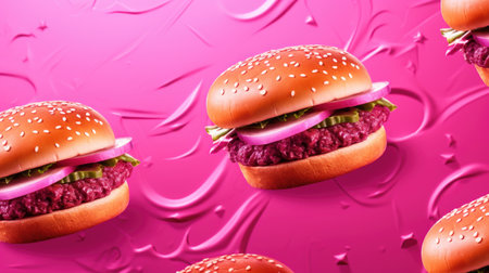Two hamburgers on pink background. Top view. Copy space.の素材
