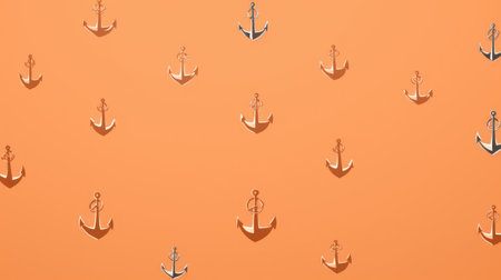 Seamless pattern of anchors on an orange background. Top view.の素材