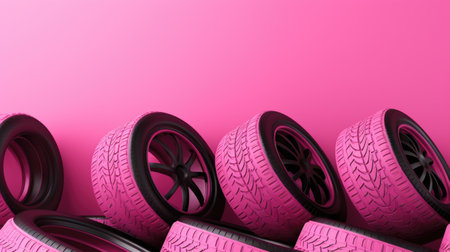 3d rendering of car wheels in a row on a pink backgroundの素材