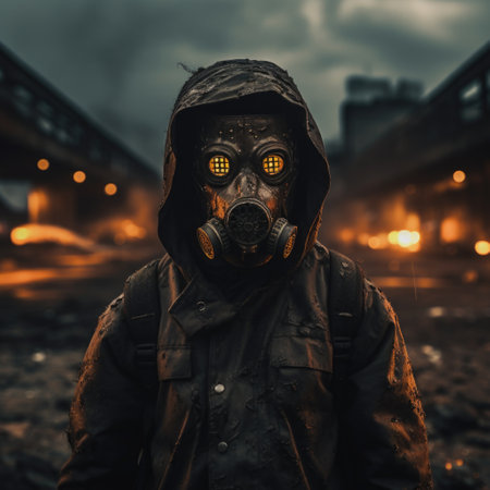 Portrait of a man in a gas mask against the background of an industrial areaの素材