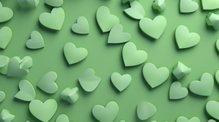 Green paper hearts on a green background. 3D render illustration.の素材