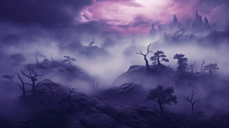 Fantasy landscape with fog and trees. 3D Rendering.の素材