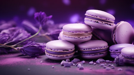 Macaroons with purple flowers on a purple background. Toned.の素材
