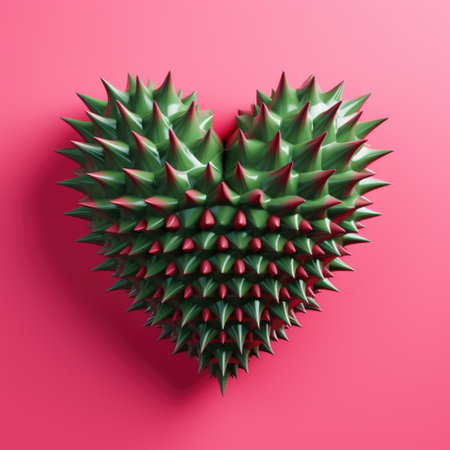 Heart made of green prickly thorns on pink background. 3d renderingの素材