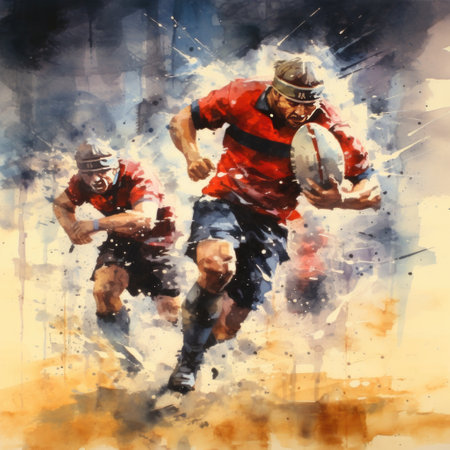Rugby players in action on watercolor background. Digital illustration.の素材