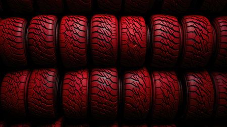 3d rendering of abstract background with tire pattern in red and blackの素材