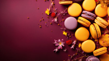Colorful macaroons and flowers on a dark purple background.の素材