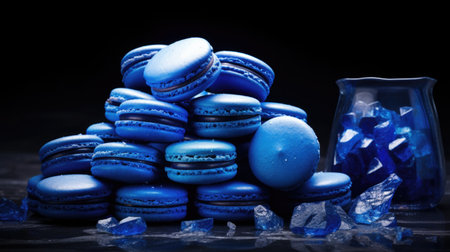 Blue macarons with ice on black background. Toned.の素材