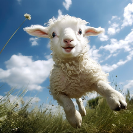 Cute little lamb jumping in the meadow on a sunny dayの素材