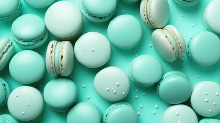 Colorful macaroons on aquamarine background, top viewの素材
