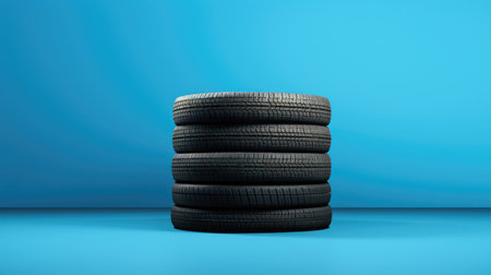 3d rendering of a stack of tires on a blue background.の素材