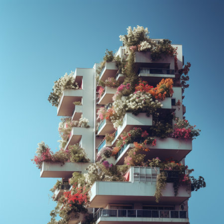 Modern apartment building with flowers on blue sky background. Vintage tonedの素材