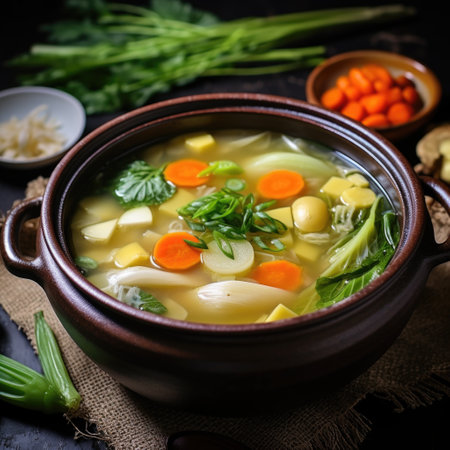 Vegetable soup with noodles and vegetables on dark background. Selective focus.の素材