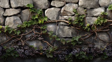 Grapes growing on a stone wall with vines and ivyの素材