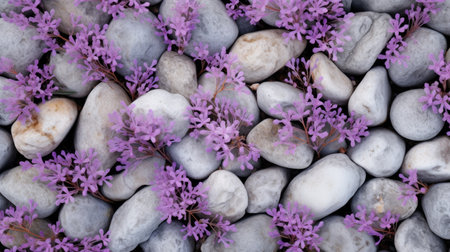 Lavender flowers on white pebbles. Natural background.の素材
