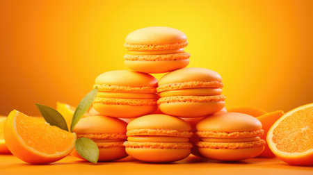 Orange macaroons with orange fruits on orange background, closeupの素材