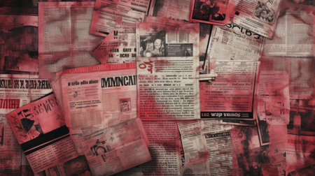Composite image of many newspapers collage against red and black backgroundの素材