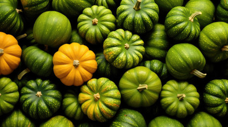Pile of green and yellow pumpkins as background, top viewの素材