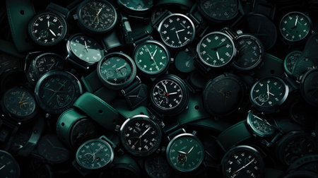 Group of old watches in black and green colors. Toned.の素材