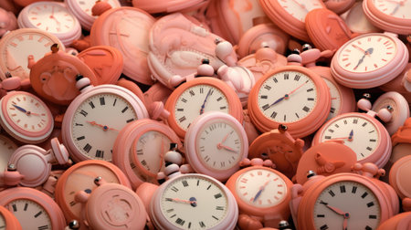 Many vintage alarm clocks on a pile of red and pink ones.の素材