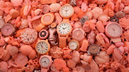 Colorful wrist watches on a pile of pink and orange beads.の素材