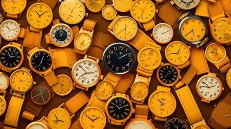 Group of yellow and orange wristwatches on a brown background.の素材