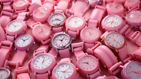 Many pink wrist watches on display for sale in a shop, close upの素材