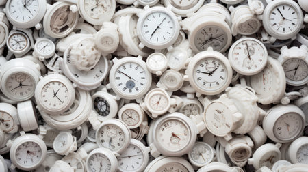 Close up of a lot of old white alarm clocks. Selective focus.の素材