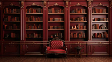 Luxury library interior with armchair and bookshelf. 3D renderingの素材